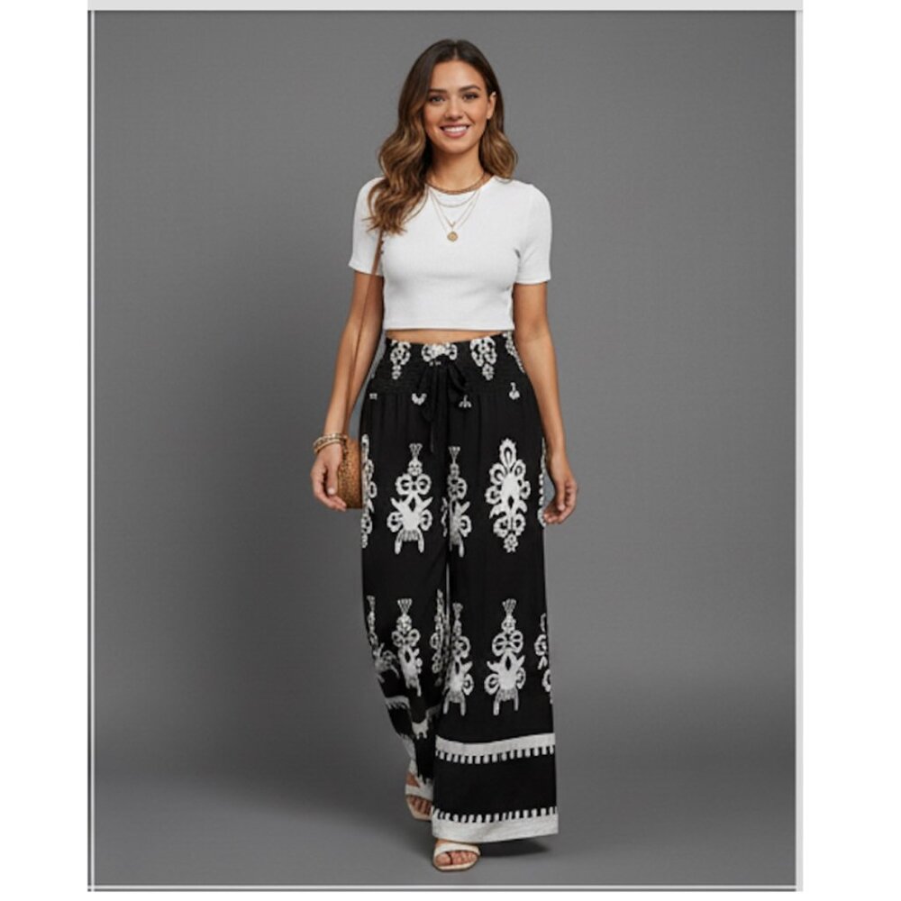 Shirred Drawstring Waist Wide Leg Tribal Print Pants